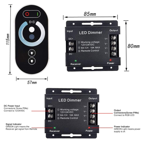VenCore 6613-10007 - Dimmer Single Color 12-24V 216-432W with RF Remote - Ασύρματο Dimmer Μονού Χρώματος με RF Χειριστήριο 12 Volt 216 Watt & 24 Volt 432 Watt Μέγιστο Φορτίο