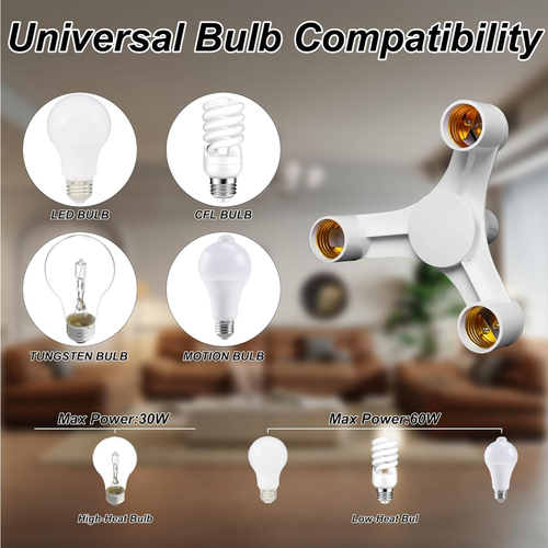 VenCore 6373-10014 - 3xE27 Bulb Adaptor 3x60W Max - Αντάπτορας - Μετατροπέας από 1xE27 σε 3xE27 Ντουί 0 έως 230 Volt Μέγιστη Θερμοκρασία έως 160C & 3x60 Watt Μέγιστο Φορτίο