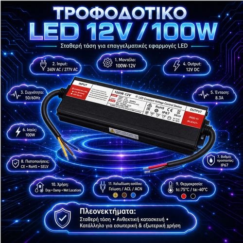 VenCore 6614-50017 - Aluminium High Tech Power Supply IP67 Waterproof 100W 12V 8.33A - Τροφοδοτικό Αλουμινίου Υψηλής Τεχνολογίας Αδιάβροχο IP67 230 Volt σε 12 Volt 100 Watt 8.33 Ampere - Μ23.5xΠ5.5xΥ2.5cm