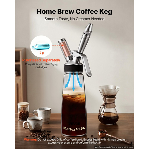 Καφετιέρα VEVOR Nitro Cold Brew Σύστημα Διανομέα Αζώτου 0,5L, Βαρέλι Καφέ για Οικιακή Παρασκευή, Φορητός Εγχυτήρας Αζώτου με Διανομέα και Βαλβίδα Εκτόνωσης Πίεσης, Δώρο για τους Λάτρεις του Καφέ