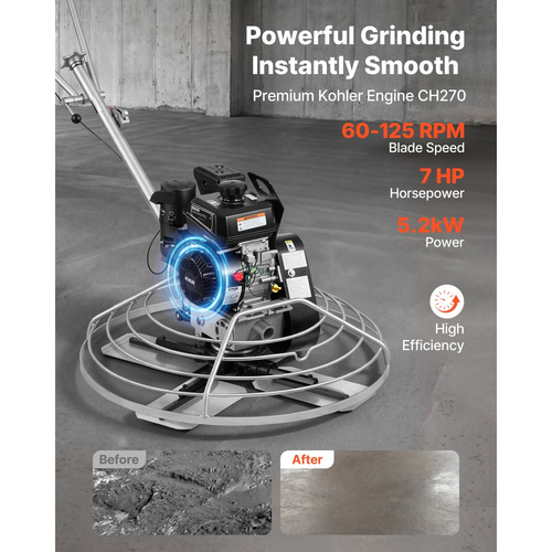 Μηχανή φινιρίσματος σκυροδέματος VEVOR Power Trowel, μηχανή φινιρίσματος σκυροδέματος 950 mm με πλωτή λεκάνη, κινητήρας Kohler 7HP, 4 λεπίδες, ρυθμιζόμενο βήμα, βενζινοκίνητο μηχάνημα φινιρίσματος τσιμέντου με πεζό οδόστρωμα για λεία δάπεδα, Κατασκευές