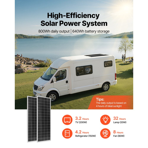 Πλήρες κιτ ηλιακής ενέργειας VVEVOR 200W 12V, 2 τεμάχια μονοκρυσταλλικά ηλιακά πάνελ 100W + μπαταρία LiFePO₄ 12,8V 50Ah + ρυθμιστής φόρτισης 40A + μετατροπέας ισχύος 800W, ιδανικό για τροχόσπιτο, σπίτι, κάμπινγκ, σκάφος, εκτός δικτύου