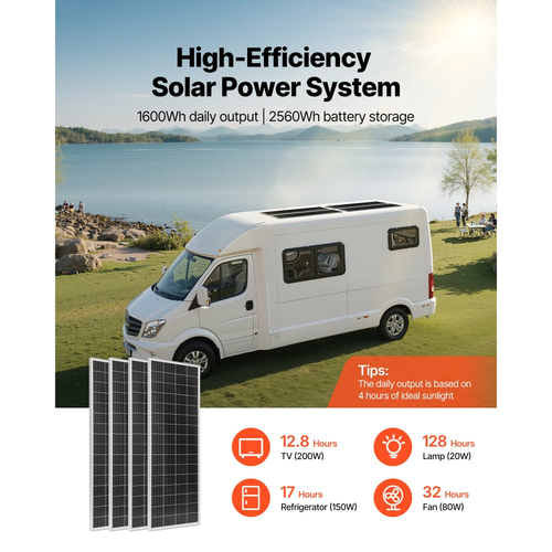 Πλήρες κιτ ηλιακής ενέργειας VEVOR 400W 12V, 4 μονοκρυσταλλικά ηλιακά πάνελ 100W + μπαταρία LiFePO₄ 12,8V 200Ah + ρυθμιστής φόρτισης MPPT 40A + μετατροπέας ισχύος 2000W για τροχόσπιτα, κάμπινγκ, σκάφη εκτός δικτύου