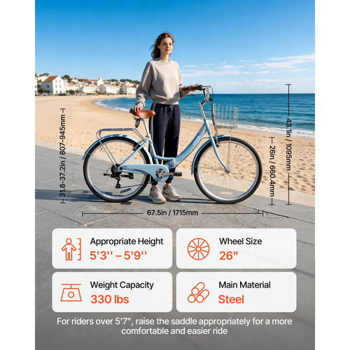 Γυναικείο Ποδήλατο VEVOR, Πτυσσόμενο Ποδήλατο Beach Cruiser 66cm, Ποδήλατο Πόλης Ενηλίκων 7 Ταχυτήτων με Ατσάλινο Σκελετό, Χωρητικότητα 150kg, Καλάθι, Πίσω Σχάρα & Διπλά Φρένα V, Ανοιχτό Μπλε