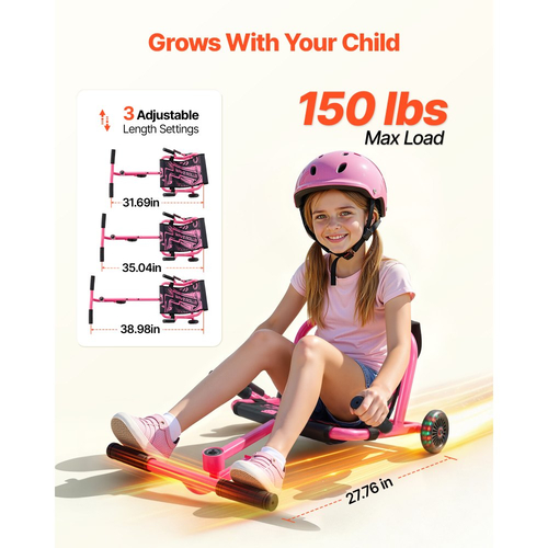 VEVOR Ride on Scooter 68 kg Swing Side-to-Side για εκπληκτική οδήγηση Ροζ, για ηλικίες 4+, Powered by Zig-Zag Motion, Ride on παιχνίδι με 3 ρυθμιζόμενα μήκη, Μοχλός φρένου, Σκληρή επιφάνεια για εσωτερικούς και εξωτερικούς χώρους