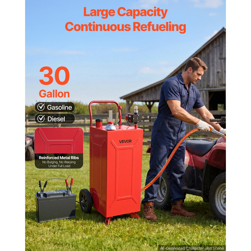 VEVOR 113,6L Fuel Gas Caddy, από ανθρακούχο χάλυβα, φορητή δεξαμενή αποθήκευσης μεταφοράς καυσίμου με ηλεκτρική αντλία και 2 τροχούς, δοχείο βενζίνης ντίζελ, για αυτοκίνητα, χλοοκοπτικά, ATV, σκάφη, μοτοσικλέτες, κόκκινο