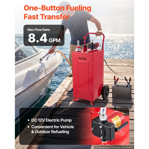 VEVOR 113,6L Fuel Gas Caddy, από ανθρακούχο χάλυβα, φορητή δεξαμενή αποθήκευσης μεταφοράς καυσίμου με ηλεκτρική αντλία και 2 τροχούς, δοχείο βενζίνης ντίζελ, για αυτοκίνητα, χλοοκοπτικά, ATV, σκάφη, μοτοσικλέτες, κόκκινο