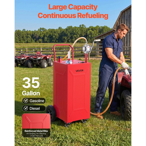 VEVOR 132,5L Fuel Gas Caddy, από ανθρακούχο χάλυβα, φορητή δεξαμενή αποθήκευσης μεταφοράς καυσίμου με χειροκίνητη αντλία και 4 τροχούς, δοχείο βενζίνης ντίζελ, για αυτοκίνητα, χλοοκοπτικά, ATV, σκάφη, μοτοσικλέτες, κόκκινο