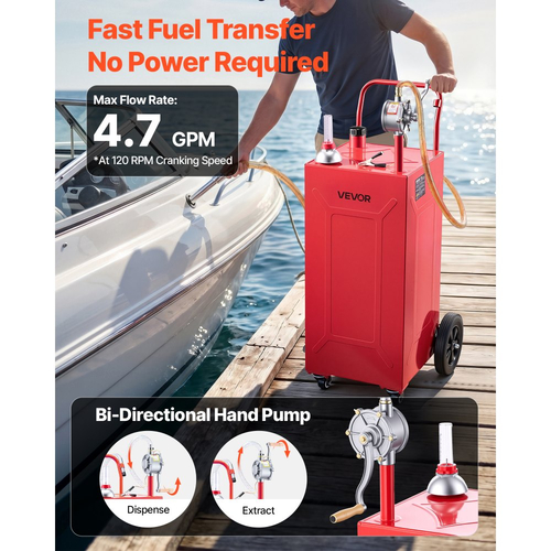VEVOR 132,5L Fuel Gas Caddy, από ανθρακούχο χάλυβα, φορητή δεξαμενή αποθήκευσης μεταφοράς καυσίμου με χειροκίνητη αντλία και 4 τροχούς, δοχείο βενζίνης ντίζελ, για αυτοκίνητα, χλοοκοπτικά, ATV, σκάφη, μοτοσικλέτες, κόκκινο