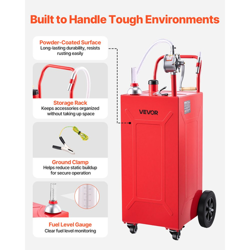 VEVOR 132,5L Fuel Gas Caddy, από ανθρακούχο χάλυβα, φορητή δεξαμενή αποθήκευσης μεταφοράς καυσίμου με χειροκίνητη αντλία και 4 τροχούς, δοχείο βενζίνης ντίζελ, για αυτοκίνητα, χλοοκοπτικά, ATV, σκάφη, μοτοσικλέτες, κόκκινο