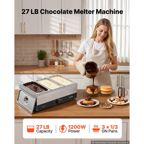 Μηχανή τήξης σοκολάτας VEVOR, 3 δεξαμενές 12,2 kg, Επαγγελματική μηχανή τήξης σοκολάτας, υψηλή ισχύς 1200W, σύστημα θέρμανσης με νερό, σώμα από ανοξείδωτο ατσάλι, εύρος θερμοκρασίας 30℃ έως 85℃, θερμαντήρας σοκολάτας για τυρί γάλακτος