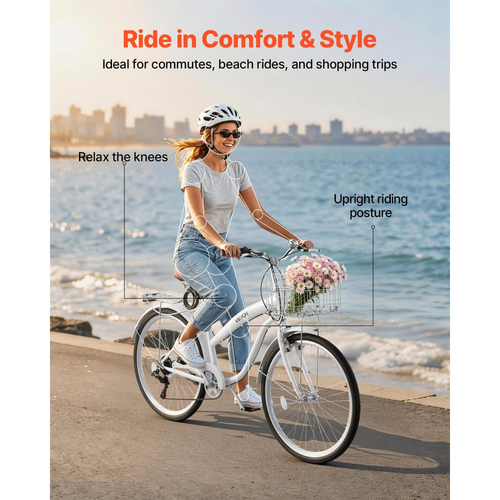Γυναικείο Ποδήλατο VEVOR, Ποδήλατο Beach Cruiser 66cm, Ποδήλατο πόλης ενηλίκων 7 ταχυτήτων με σκελετό από ανθρακονήματα, χωρητικότητα 150kg, καλάθι, πίσω σχάρα και διπλά φρένα V, λευκό
