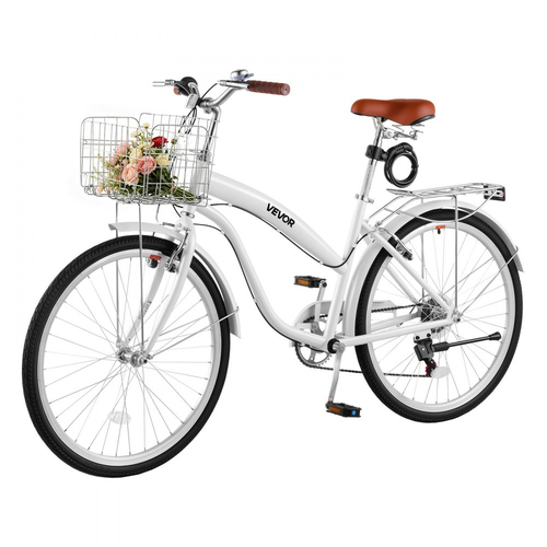 Γυναικείο Ποδήλατο VEVOR, Ποδήλατο Beach Cruiser 66cm, Ποδήλατο πόλης ενηλίκων 7 ταχυτήτων με σκελετό από ανθρακονήματα, χωρητικότητα 150kg, καλάθι, πίσω σχάρα και διπλά φρένα V, λευκό
