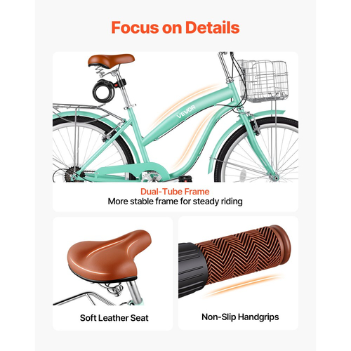 Γυναικείο Ποδήλατο VEVOR, Ποδήλατο Beach Cruiser 66cm, Ποδήλατο πόλης ενηλίκων 7 ταχυτήτων με σκελετό από ανθρακονήματα, χωρητικότητα 150kg, καλάθι, πίσω σχάρα και διπλά φρένα V, ανοιχτό πράσινο