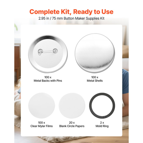 Η VEVOR Button Maker παρέχει 100 σετ εξαρτημάτων κουμπιών με καρφίτσα 2,95 ίντσες / 75 mm, με μεταλλικές πλάτες, μεταλλικά κελύφη, διαφανείς μεμβράνες Mylar και κενά κυκλικά χαρτιά, για οικιακές κατασκευές DIY, σχολικές εκδηλώσεις και προσαρμοσμένα στούντιο