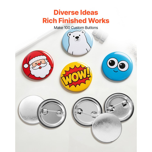 Η VEVOR Button Maker παρέχει 100 σετ εξαρτημάτων κουμπιών με καρφίτσα 2,95 ίντσες / 75 mm, με μεταλλικές πλάτες, μεταλλικά κελύφη, διαφανείς μεμβράνες Mylar και κενά κυκλικά χαρτιά, για οικιακές κατασκευές DIY, σχολικές εκδηλώσεις και προσαρμοσμένα στούντιο