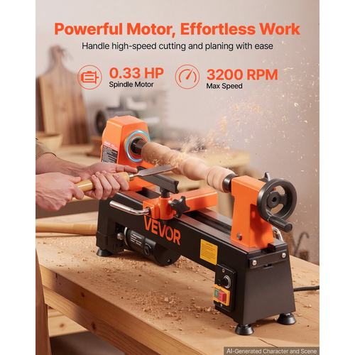 Τόρνος Ξύλου VEVOR 1/3 HP 200x330 mm Μίνι Τόρνος Ξύλου Πάγκου Μεταβλητής Ταχύτητας, 150 έως 3200 Σ.Α.Λ., Ξυλουργική Μηχανή με Στήριγμα Εργαλείου, Κλειδιά, Πόδια, για Αρχάριους Λάτρεις του DIY Ξυλουργική, Ξυλοτορνευτική