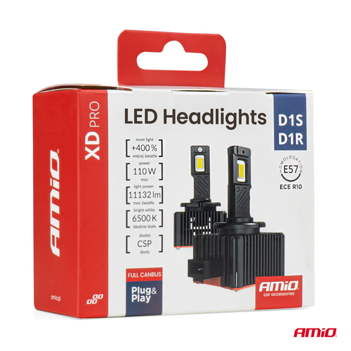 Amio - Λαμπτήρες LED Φώτων Εμπρός τύπου D1S/D1R βάση PK32d-2 τάση λειτουργίας 12V απόδοσης 110W (11132lm) XD PRO Series FULL CANBUS 6500K με ψύκτρα Plug & Play για Επιβατικά Αυτοκίνητα - 2 τεμ. (04679/AM)