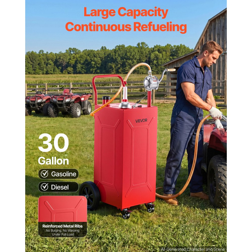 VEVOR 113,6L Fuel Gas Caddy, από ανθρακούχο χάλυβα, φορητή δεξαμενή αποθήκευσης μεταφοράς καυσίμου με χειροκίνητη αντλία και 4 τροχούς, δοχείο δοχείων βενζίνης ντίζελ, για αυτοκίνητα, χλοοκοπτικά, ATV, σκάφη, μοτοσικλέτες, κόκκινο