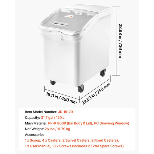 Δοχείο αποθήκευσης ρυζιού VEVOR 120 L/31,7 Gal 90 kg, δοχείο διανομής τροφής για σκύλους, για οργάνωση ντουλαπιού κουζίνας, μεγάλο δοχείο αλευριού για δημητριακά, δοχείο τροφής για κατοικίδια με ρόδες, κουτάλα, συρόμενο καπάκι
