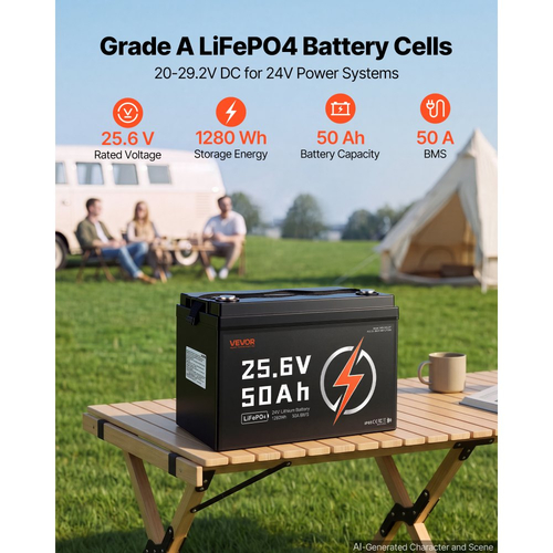 Μπαταρία λιθίου VEVOR 24V 50Ah LiFePO4 4000+ κύκλοι 50A BMS με Bluetooth, μπαταρία λιθίου 1280Wh με προστασία από χαμηλή θερμοκρασία, υποστηρίζει σύνδεση 8P2S, για τροχόσπιτο, κινητήρα συρτής, θαλάσσιο, ηλιακό