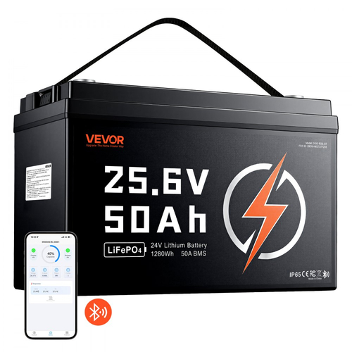 Μπαταρία λιθίου VEVOR 24V 50Ah LiFePO4 4000+ κύκλοι 50A BMS με Bluetooth, μπαταρία λιθίου 1280Wh με προστασία από χαμηλή θερμοκρασία, υποστηρίζει σύνδεση 8P2S, για τροχόσπιτο, κινητήρα συρτής, θαλάσσιο, ηλιακό