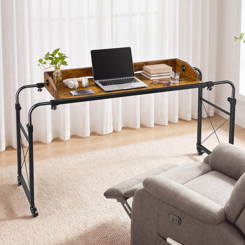 VEVOR Τραπέζι Κρεβατιού 1060 x 360 mm Κινητό Γραφείο Κρεβατιού με Περιστρεφόμενους Τροχούς, για Υπνοδωμάτιο, Σαλόνι, Γραφείο, Ρυθμιζόμενο Ύψος & Μήκος, Τροχαίο Τραπέζι με Πλαϊνή Θήκη Αποθήκευσης & Υπερυψωμένη Άκρη, Καφέ
