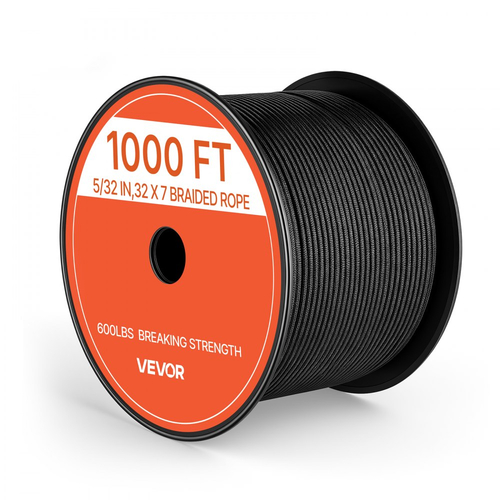 Σχοινί VEVOR Paracord 4 mm x 305 m από νάιλον αλεξίπτωτο 550 Tactical, Σχοινί επιβίωσης, βαρέως τύπου 7 κλώνων, υψηλής αντοχής σε σπάσιμο 272 kg, σχοινί γενικής χρήσης, για υπαίθρια κατασκήνωση και βραχιόλια, μαύρο