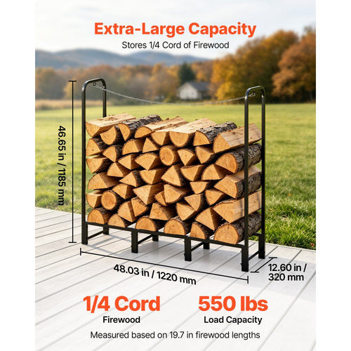 Βάση καυσόξυλων VEVOR 1220 mm 1/4 καλώδιο βαρέως τύπου για εξωτερική αποθήκευση ξύλων, για τζάκι, βεράντα, χωρητικότητα φορτίου 250 kg, βάση στοίβαξης καυσόξυλων με πλαίσιο από ανθρακούχο χάλυβα, μεταλλική οργάνωση ξύλων, μαύρη