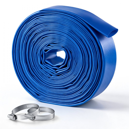 Σωλήνας εκκένωσης VEVOR 1-1/2" x 15,2 m PVC Lay Flat Σωλήνας αντλίας νερού αντίστροφης πλύσης, για φίλτρο άμμου πισίνας και αντλία φρεατίου, βαρέως τύπου, αποχέτευσης μεταφοράς νερού, ανθεκτικός σε καιρικές συνθήκες και εκρήξεις, με σφιγκτήρες, μπλε