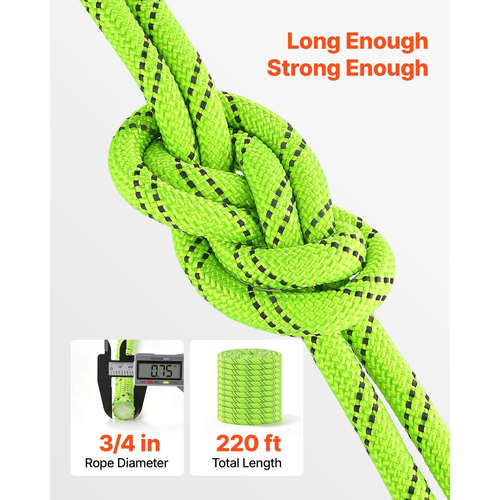 Σχοινί πολυεστέρα διπλής πλέξης VEVOR 19,1 mm x 67 m για δενδροκομικές εργασίες, βαρέως τύπου 26 κλώνων, υψηλής αντοχής σε θραύση 8800 kg, σχοινί ρυμούλκησης και έλξης για αναρρίχηση σε εξωτερικούς χώρους, πράσινο