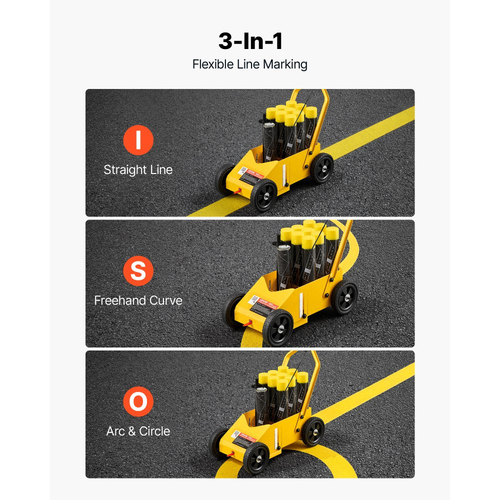 Μηχανή σήμανσης γραμμών VEVOR Χωρητικότητα 9 δοχείων Κίτρινη με 4 τροχούς, Μηχανή σήμανσης χώρου στάθμευσης, Ρυθμιζόμενο πλάτος γραμμής 50-100 mm, Βαρέως τύπου, Γρήγορη και ακριβής σήμανση, με ακροφύσιο προσαρμογέα