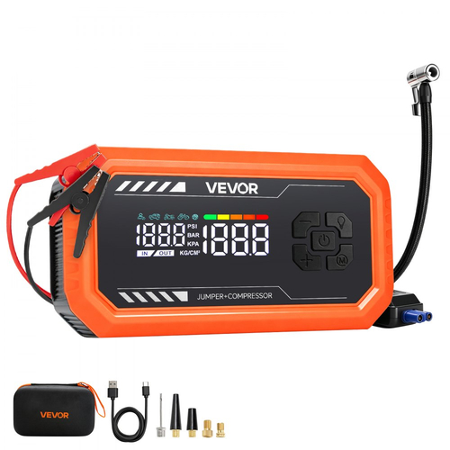 VEVOR Jump Starter με Αεροσυμπιεστή 3000A Peak Car Battery Box Jump, Φορητό για βενζίνη 9,0L / ντίζελ 6,5L, Φουσκωτό ελαστικών 150 PSI με αυτόματη απενεργοποίηση, Power Bank, Φορτιστής μπαταρίας 12V, με φακό LED