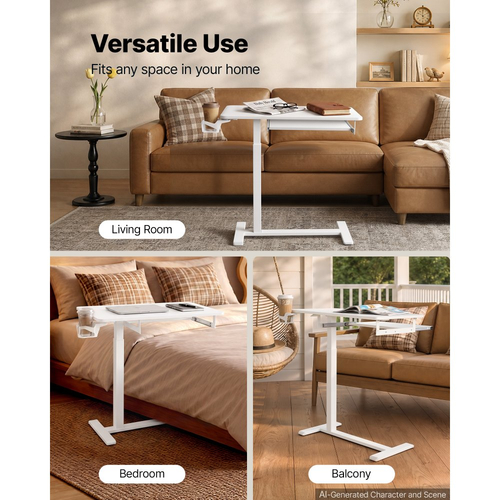 VEVOR Τραπεζάκι Κρεβατιού 800 x 450 mm με Κρυφούς Τροχούς, για Καναπές-Κρεβάτι-Γραφείο στο Σπίτι, Ρυθμιζόμενο Ύψος για Φορητό Υπολογιστή, Ορθοστάτης με Δίσκο Πληκτρολογίου και Θήκη Ποτηριών, Λευκό