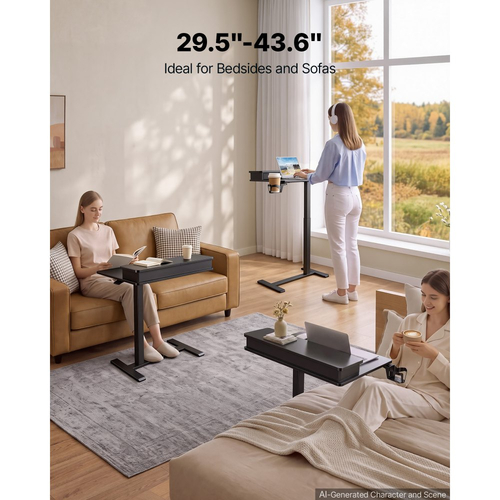 VEVOR Τραπεζάκι Κρεβατιού 700 x 500 mm με Κρυφούς Τροχούς, για Καναπές-Κρεβάτι-Γραφείο Οικιακού Γραφείου, Ρυθμιζόμενο Ύψος Τροχαίο Γραφείο Φορητού Υπολογιστή, Ορθοστάσιο με Επιφάνεια 2 Στρώσεων, Συρτάρι, Θήκη για Ποτήρια, Μαύρο