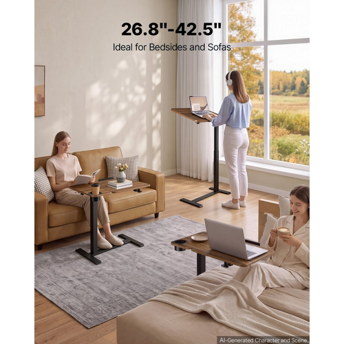 VEVOR Τραπεζάκι Κρεβατιού 700 x 400 mm με Κρυφούς Τροχούς, για Καναπές-Κρεβάτι-Γραφείο, Ρυθμιζόμενο Ύψος για Φορητό Υπολογιστή, Ορθοστάτης με Ανακλινόμενη Επιφάνεια Εργασίας & Ποτηροθήκη, Καφέ