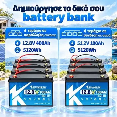 EPWORTH 12V 100Ah LiFePO4 σύνδεση battery bank