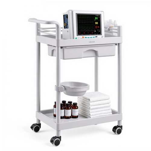 VEVOR Ιατρικό καρότσι δύο επιπέδων με συρτάρι 50 kg, για κλινική, νοσοκομείο, σαλόνι ομορφιάς, εργαστήριο, με κάδο αποθήκευσης και δίσκο απορριμμάτων, σταθερή στήριξη, Ιατρικό καρότσι με ροδάκια