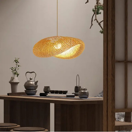 Sunny Shell - Κρεμαστό Μονόφωτο E27 Boho Μπαμπού Φυσικό Πλέγμα - Μ80 x Π55 x Y25cm