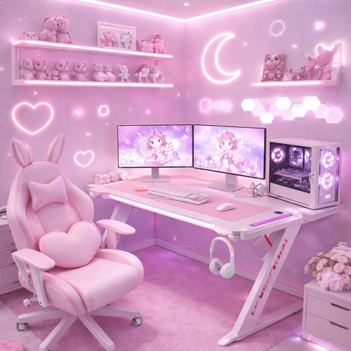 VenCore 2730-10011 - Gaming Desk 140x60x74cm Pink - Μοντέρνο Γραφείο Gaming VenCore Μοριοσανίδας Carbon Fiber με Μεταλλικά Πόδια Ροζ Μ140 x Π60 x Υ74cm