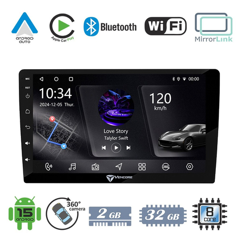 VenCore 3236-10006 - Οθόνη Multimedia Android 15 Αυτοκινήτου 10" PX5S Octa-Core 2GB/32GB IPS 1280x720 με Wi-Fi, Bluetooth, CarPlay, Android Auto, MirrorLink & Υποστήριξη Κάμερας 360° - Μ25 - Π15 - Υ5cm