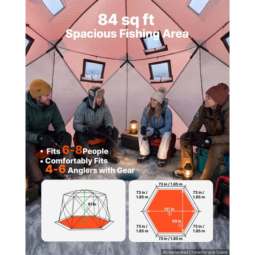 Σκηνή Ψαρέματος στον Πάγο VEVOR Pop Up 6-8 Ατόμων 3,47x1,74x2,3 m με μόνωση, για χειμερινό ψάρεμα, επιφάνεια 7,82 m², ύφασμα 600D 4 στρώσεων, φορητός κύβος τύπου κέντρου με άγκυρες, σχοινιά και τσάντα μεταφοράς