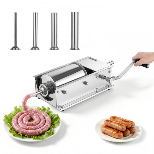 VEVOR Χειροκίνητος γεμιστής λουκάνικων 7 lbs/ 3L οριζόντια μηχανή κρέατος από ανοξείδωτο ατσάλι, για σπίτι, κάμπινγκ, εξωτερική ψησταριά, μπάρμπεκιου, γεμιστής κρέατος διπλής ταχύτητας, επαγγελματικό κιτ γεμίσματος λουκάνικων βαρέως τύπου, 4 σωλήνες γέμισης