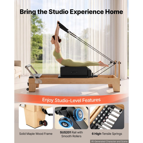 Μηχανή Pilates VEVOR Pilates Reformer 2,4 m Χωρητικότητα 181 kg Ξύλο σφενδάμου, για οικιακή χρήση και προπόνηση σε γυμναστήριο, με σανίδα άλματος, ελατήρια με μουσικό σύρμα και κουτί καθίσματος, κατάλληλο για προχωρημένους και αρχάριους χρήστες