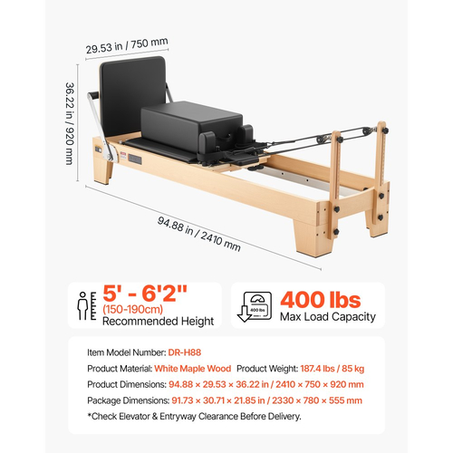 Μηχανή Pilates VEVOR Pilates Reformer 2,4 m Χωρητικότητα 181 kg Ξύλο σφενδάμου, για οικιακή χρήση και προπόνηση σε γυμναστήριο, με σανίδα άλματος, ελατήρια με μουσικό σύρμα και κουτί καθίσματος, κατάλληλο για προχωρημένους και αρχάριους χρήστες