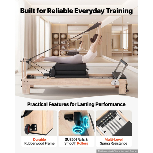 Μηχανή Pilates VEVOR Pilates Reformer 2,4 m Χωρητικότητα 181 kg Rubberwood, για οικιακή χρήση και προπόνηση σε γυμναστήριο, με σανίδα άλματος, ελατήρια, πλαίσιο καθίσματος και ρυθμιζόμενο στήριγμα κεφαλής, για προχωρημένους αρχάριους χρήστες