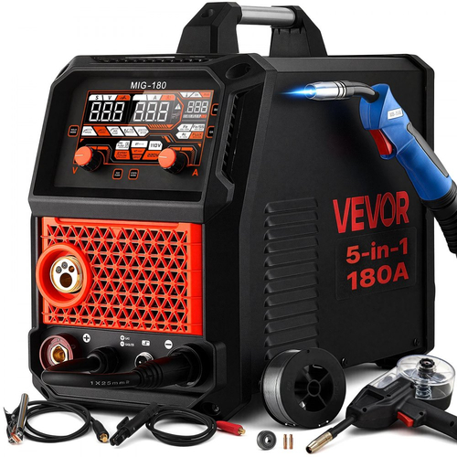 Συγκολλητής MIG VEVOR 180Amps 5-σε-1 AL MIG/Αερίου MIG/Πυρήνας Ροής MIG/Ραβδί/Ανύψωση TIG, Πολυλειτουργική Συγκολλητής Mig Αλουμινίου 220V με Συνεργικό Έλεγχο, Λειτουργία 2T/4T/Σημείου, Ψηφιακή Οθόνη - Περιλαμβάνεται Πιστόλι Μπομπίνας