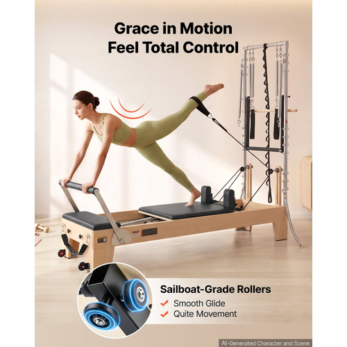 VEVOR Pilates Reformer με Πύργο 2,4 μ. Μηχανή Pilates 181 κιλών από ξύλο σφενδάμου, για οικιακή χρήση και προπόνηση σε γυμναστήριο, με Jump Board, ελατήρια με μουσικό σύρμα και κουτί καθίσματος, κατάλληλο για προχωρημένους και αρχάριους χρήστες