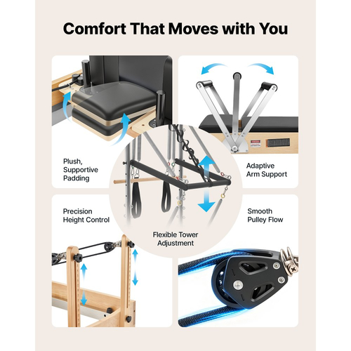 VEVOR Pilates Reformer με Πύργο 2,4 μ. Μηχανή Pilates 181 κιλών από ξύλο σφενδάμου, για οικιακή χρήση και προπόνηση σε γυμναστήριο, με Jump Board, ελατήρια με μουσικό σύρμα και κουτί καθίσματος, κατάλληλο για προχωρημένους και αρχάριους χρήστες