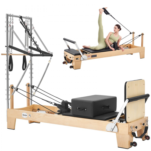 VEVOR Pilates Reformer με Πύργο 2,4 μ. Μηχανή Pilates 181 κιλών από ξύλο σφενδάμου, για οικιακή χρήση και προπόνηση σε γυμναστήριο, με Jump Board, ελατήρια με μουσικό σύρμα και κουτί καθίσματος, κατάλληλο για προχωρημένους και αρχάριους χρήστες